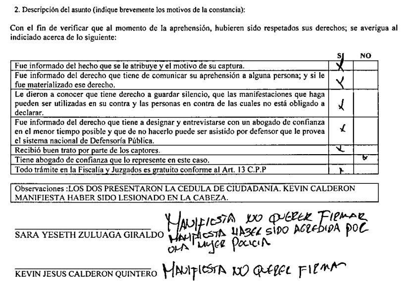 Sara Zuluaga y Kevin Calderón se negaron a firmar documentos de la Policía, pues fueron golpeados en la cabeza.