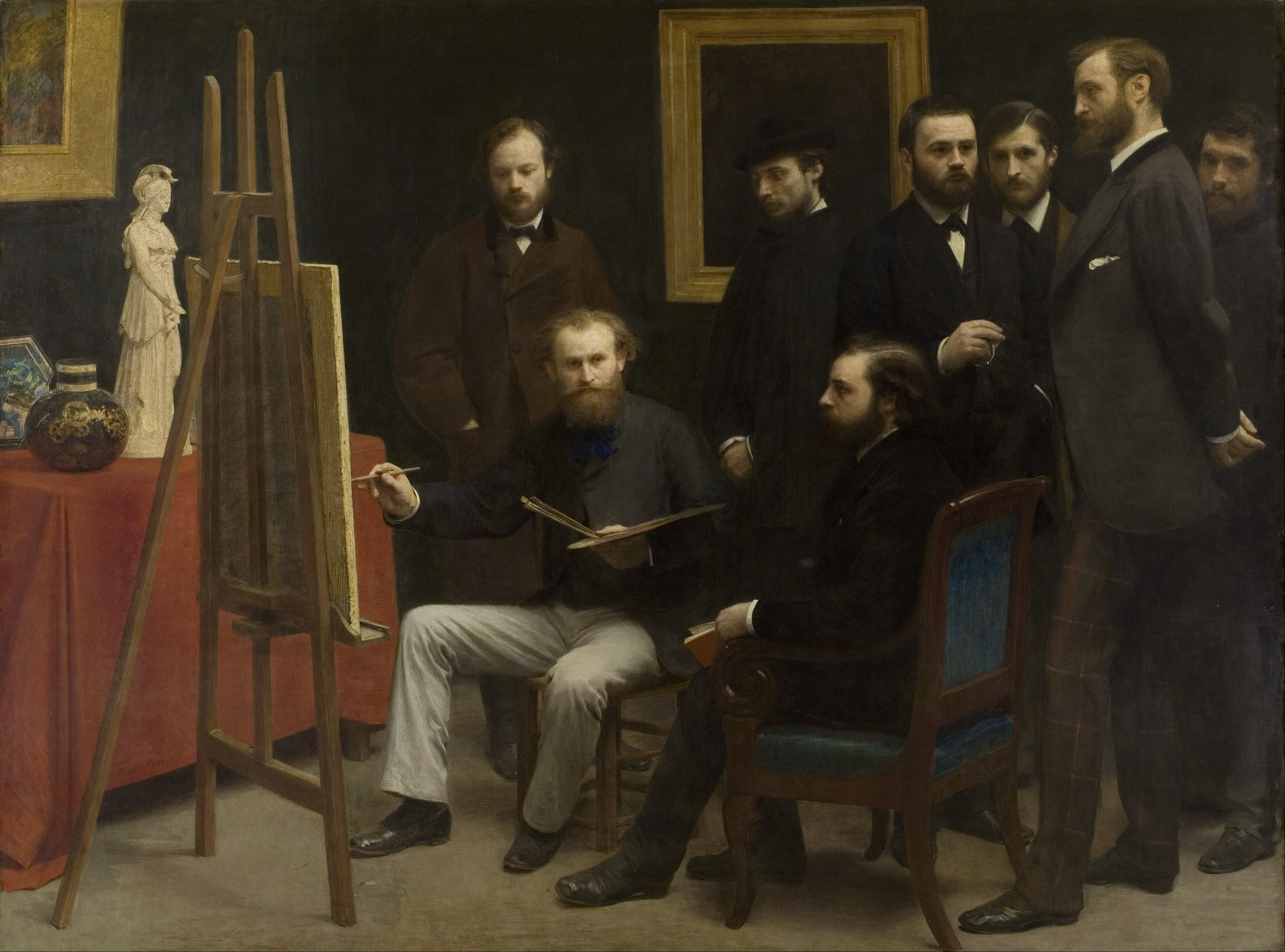 En su obra "Un estudio en Les Batignolles" (1870) Henri Fantin-Latour retrató a Manet en su estudio con varios de sus colegas impresionistas. De izquierda a derecha: Otto Schölderer, Édouard Manet, Pierre Auguste Renoir, Zacarie Astruc, Émile Zola, Edmond Maître, Frédéric Bazille y Claude Monet.