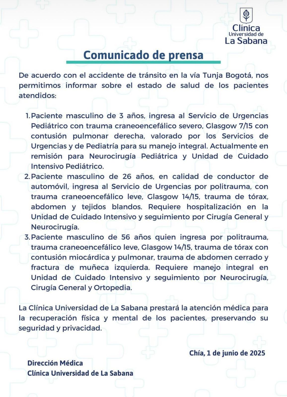 Por medio del comunicado de prensa informaron el estado de salud de los heridos.