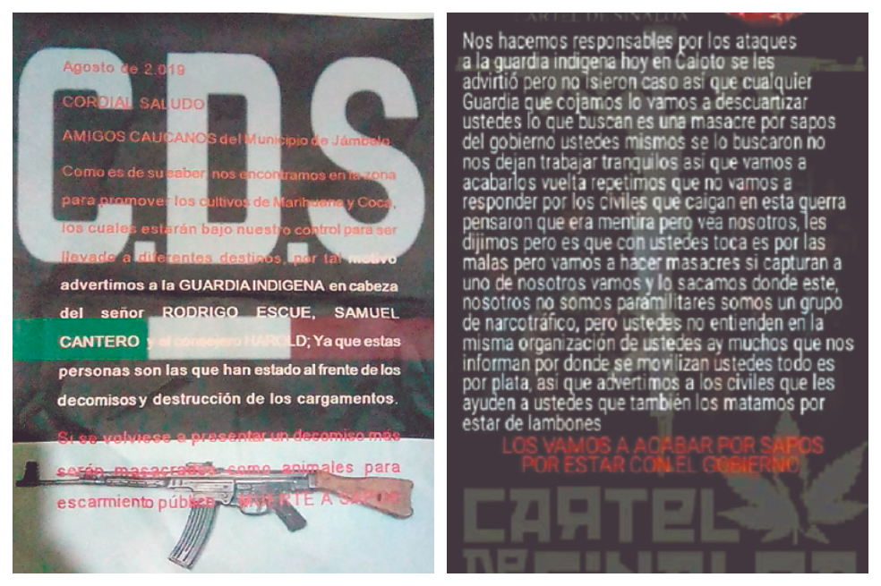 En cambio, retoma la alarma que se ha encendido en Suárez por la aparición del panfleto firmado por el cartel de Sinaloa. Afirma que se trata de desviar la atención por parte de la columna Jaime Martínez, que habla de ese cartel para atemorizar a la población, confundir y evitar ser perseguidos por las autoridades. “Lo que sí está claro es que las estructuras que están en nuestro radar como grupos armados organizados, con armamento y con capacidad de adelantar actos criminales como el del domingo pasado, son la Sexta de la comisión Jaime Martínez y la Dagoberto Ramos.