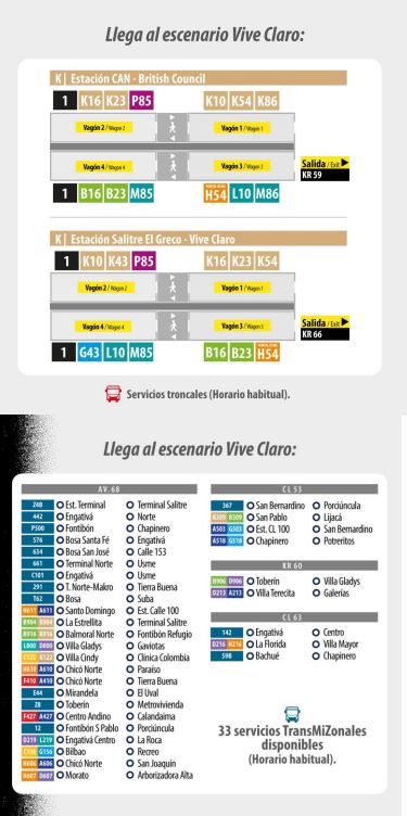 Lista de rutas para el concierto del Vive Claro el 10 de febrero de 2026.