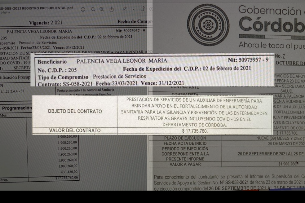 Este es el contrato que tuvo Leonor Palencia con la Secretaría de Salud departamental y que permanecía vigente en el momento de su inscripción a la candidatura por la curul de paz del sur de Córdoba.
