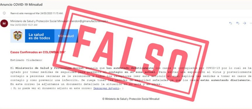 El falso correo del Ministerio de Salud, un mensaje de Bancolombia y otras noticias falsas