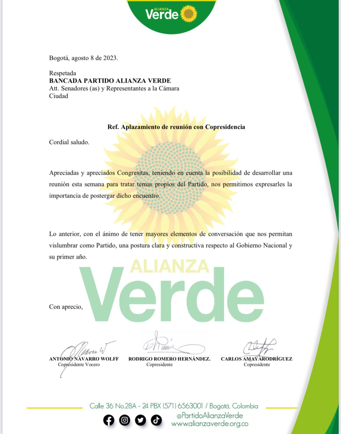 Esta es la carta que envió la Alianza Verde para informar que se aplaza la reunión en la que determinarían si se mantienen en la coalición de gobierno.