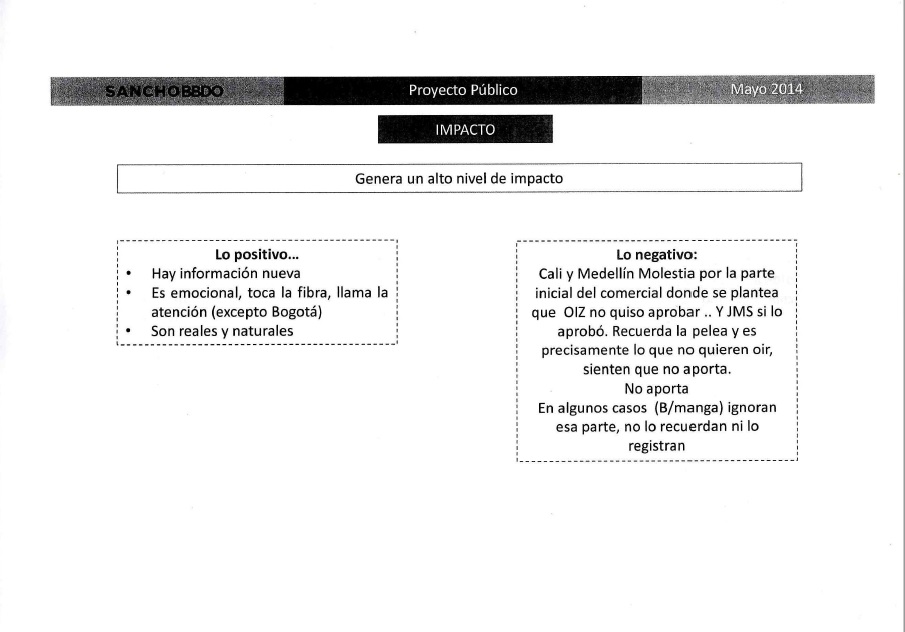 Esta es una de las páginas de opiniones que Sancho BBDDO presentó a Odebrecht como su análisis de varios comerciales de televisión de la campaña Santos 2014.