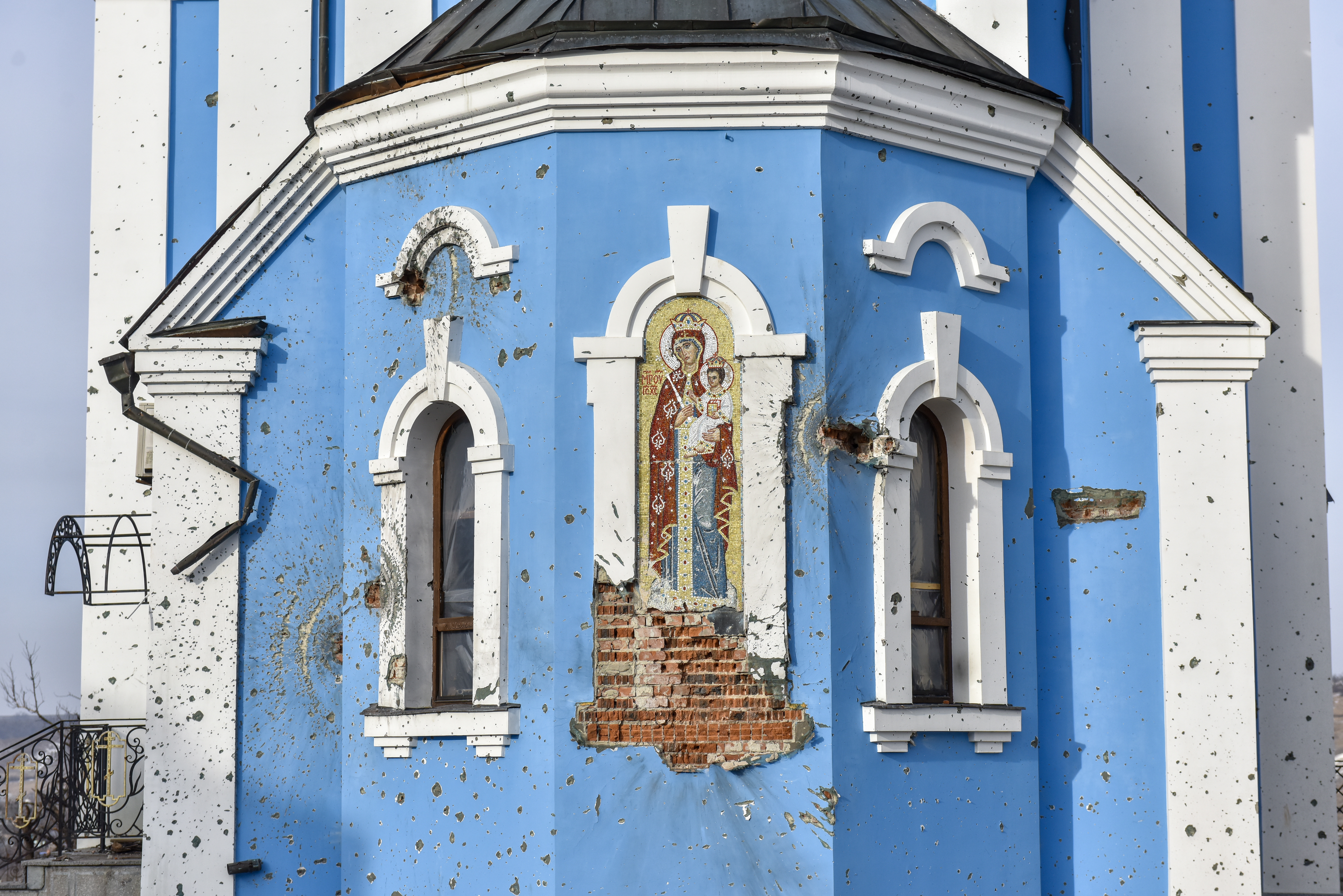 Donetsk (Ukraine), 24/02/2023.- The damaged women's monastery of the Mother Of God Joy Of All Who Sorrow in Bohorodychne, Donetsk region, eastern Ukraine, 24 February 2023. Russian troops entered Ukrainian territory on 24 February 2022, starting a conflict that has provoked destruction and a humanitarian crisis. One year on, fighting continues in many parts of the country. (Rusia, Ucrania) EFE/EPA/OLEG PETRASYUK