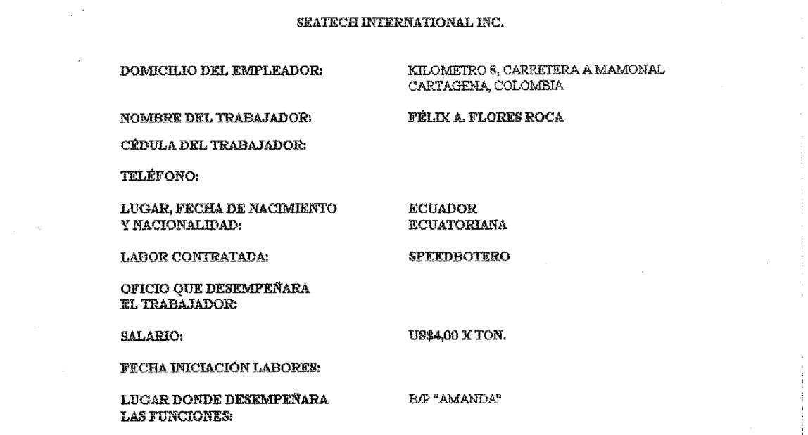 Fragmento del contrato entre Seatech y Félix Flores.