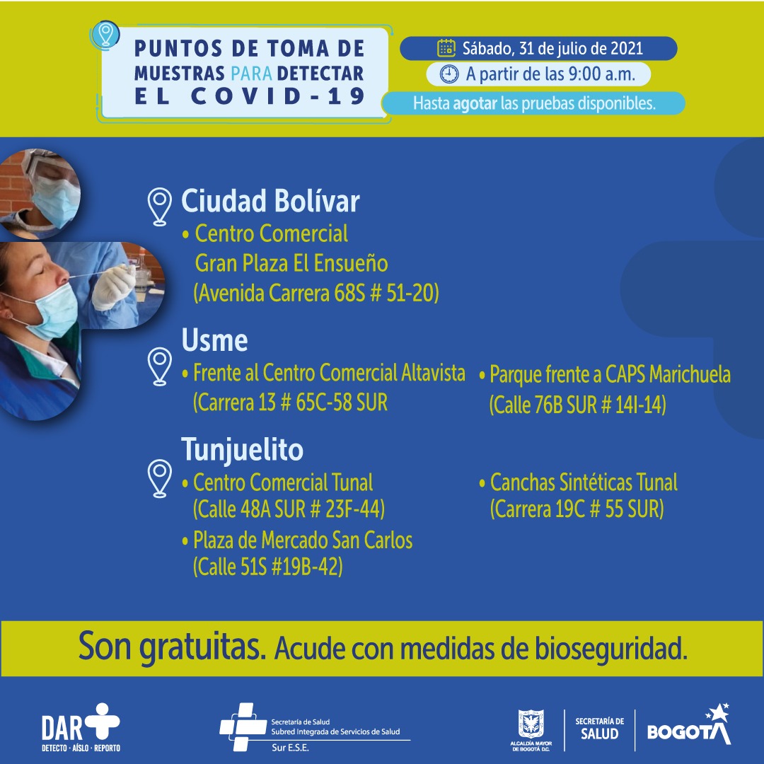 Estaciones de Tm y puntos de Bogotá donde hay pruebas para COVID-19 este sábado