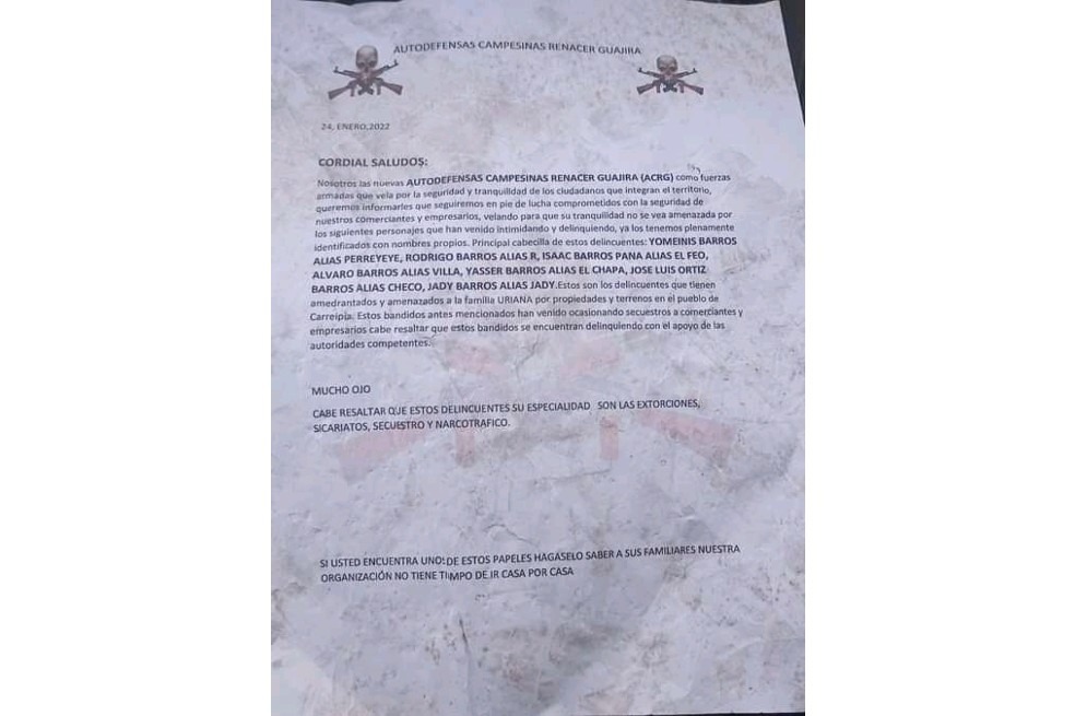 Alerta por supuesto panfleto de las autodefensas en La Guajira