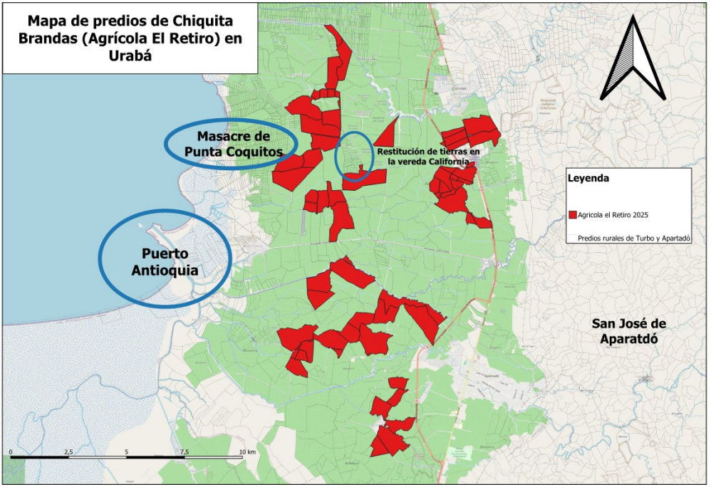 Mapa enseñado por Gloria Cuartas en congreso nacional de restitución de tierras. En rojo se observan las tierras con las que cuenta la agrícola El Retiro.