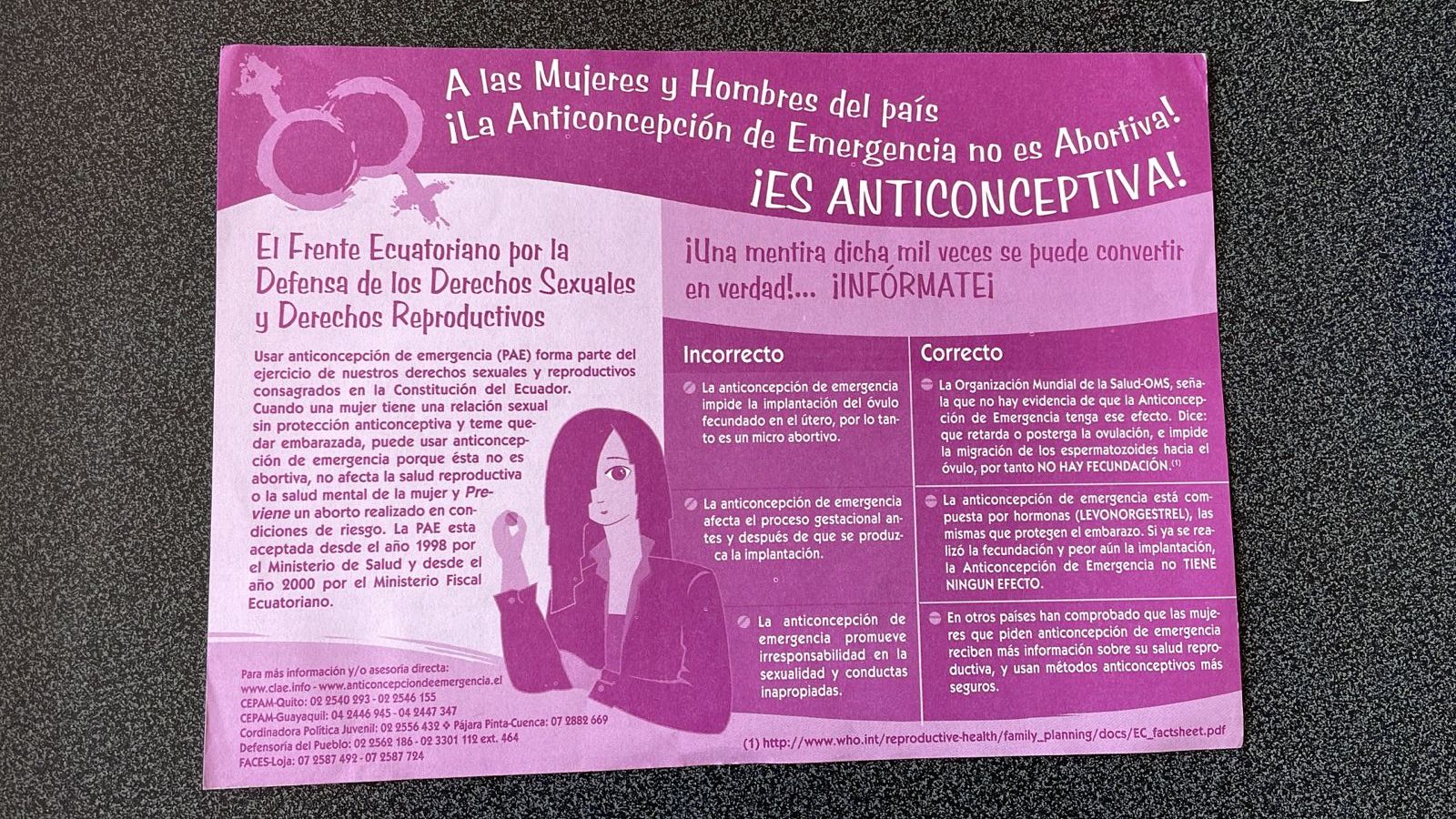 Imagen de uno de los folletos que grupos feministas entregaron en los años 2000 para informar que las pastillas del día después eran anticonceptivas y no abortivas como decían los grupos antiderechos.