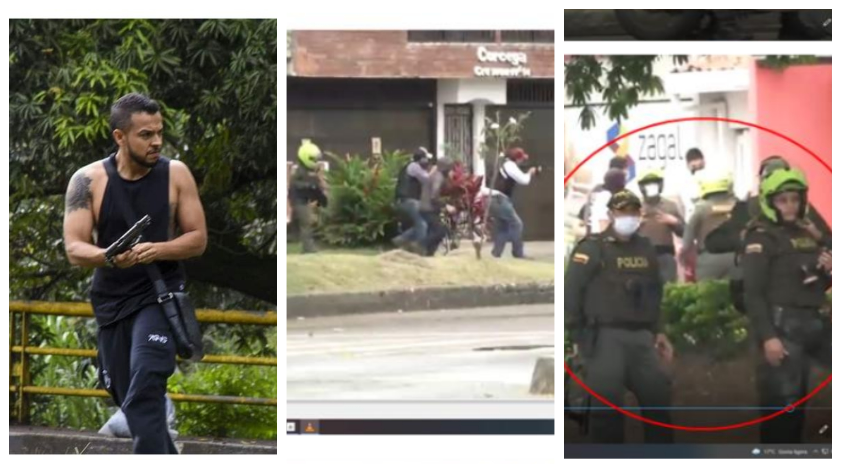 Andrés Escobar (izquierda), ciudadano imputado por accionar una supuesta arma traumática durante el paro nacional. A la derecha, policías investigados por presunta omisión de funciones.