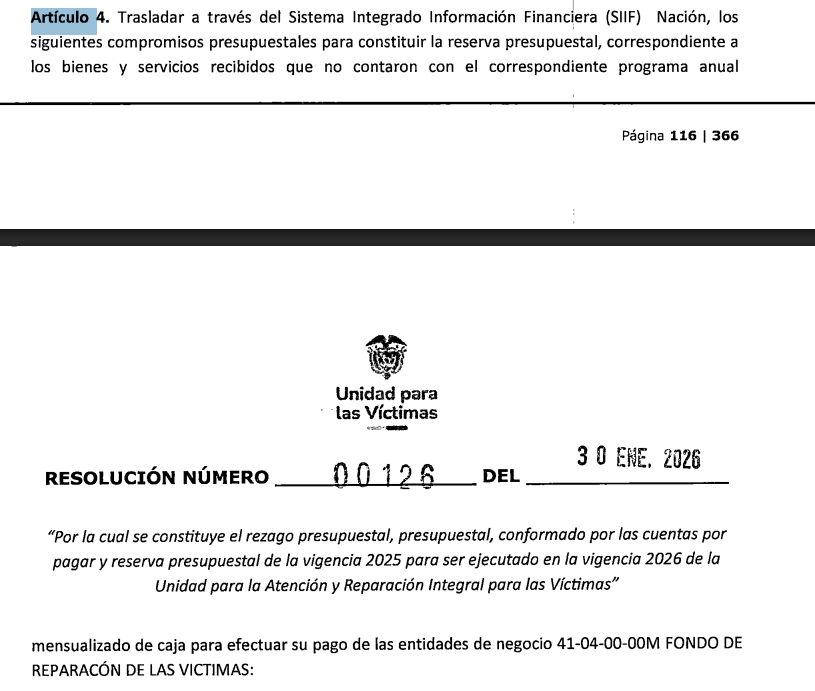 Parte de la resolución donde se admite el rezago presupuestal tanto en la Unidad para las Víctimas como en el Fondo de Reparación.