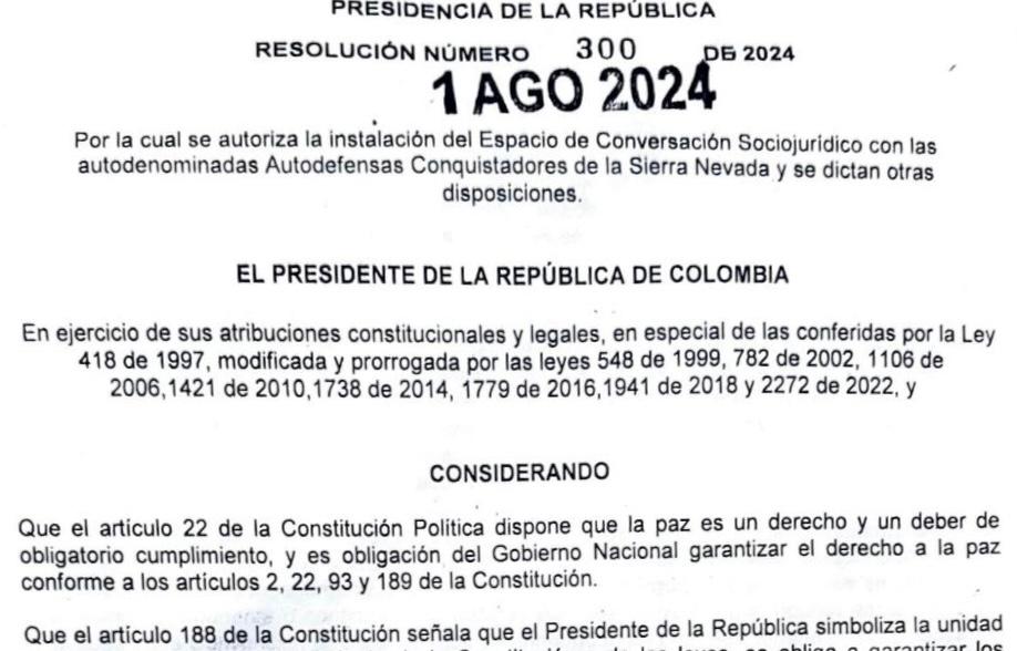 Esta es la resolución que formaliza el inicio del diálogo con las Autodefensas Conquistadoras de la Sierra Nevada.