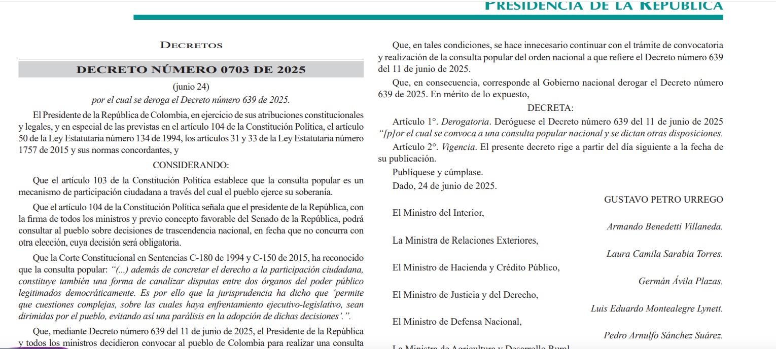 Gobierno Petro derogó oficialmente el decretazo de la consulta popular.