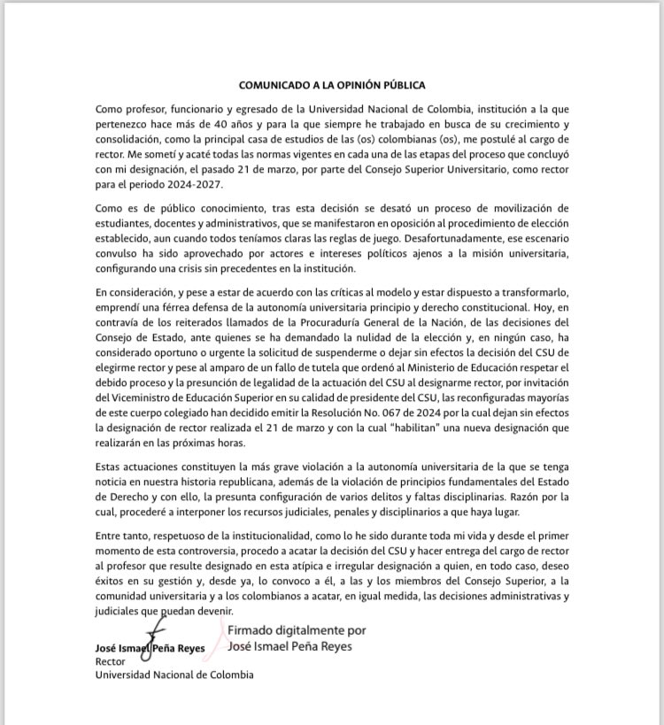 Comunicado emitido por Ismael Peña.