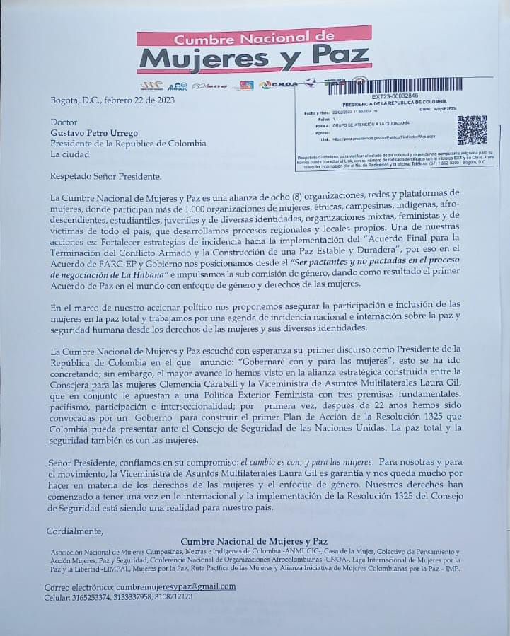 Carta enviada el 22 de febrero de 2023 al presidente Gustavo Petro.
