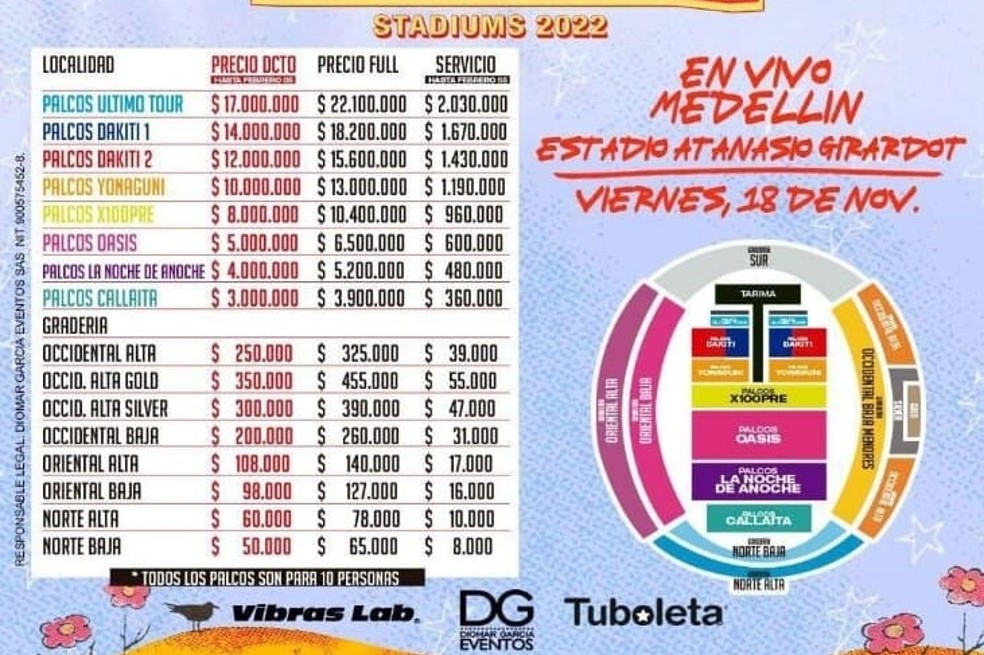 Precio de boletería para el concierto de Bad Bunny.