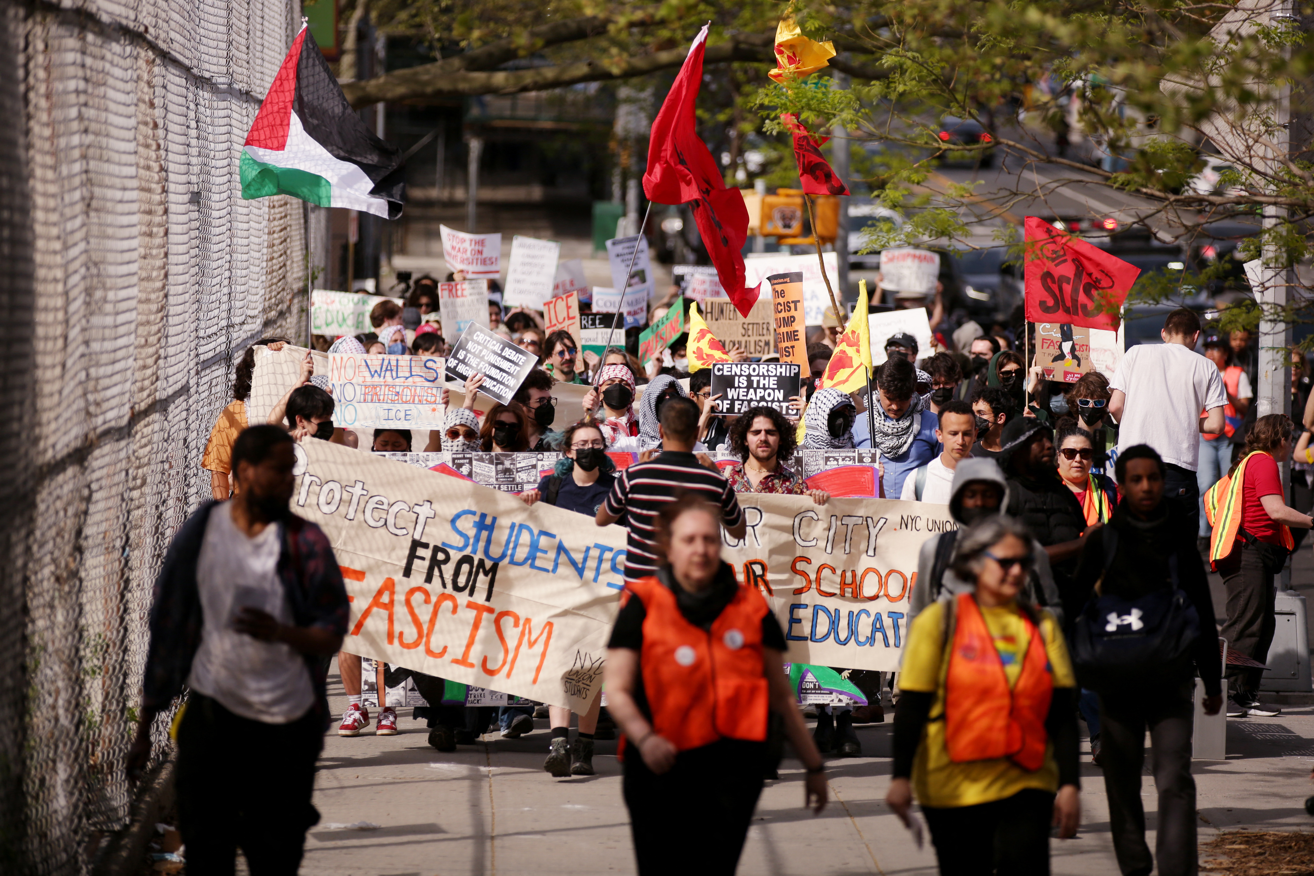 Protesters march from City College to Columbia University against the Trump administration's policies and to demand "liberty, solidarity and accountability" from their universities in New York on April 25, 2025. (Photo by Leonardo Munoz / AFP)