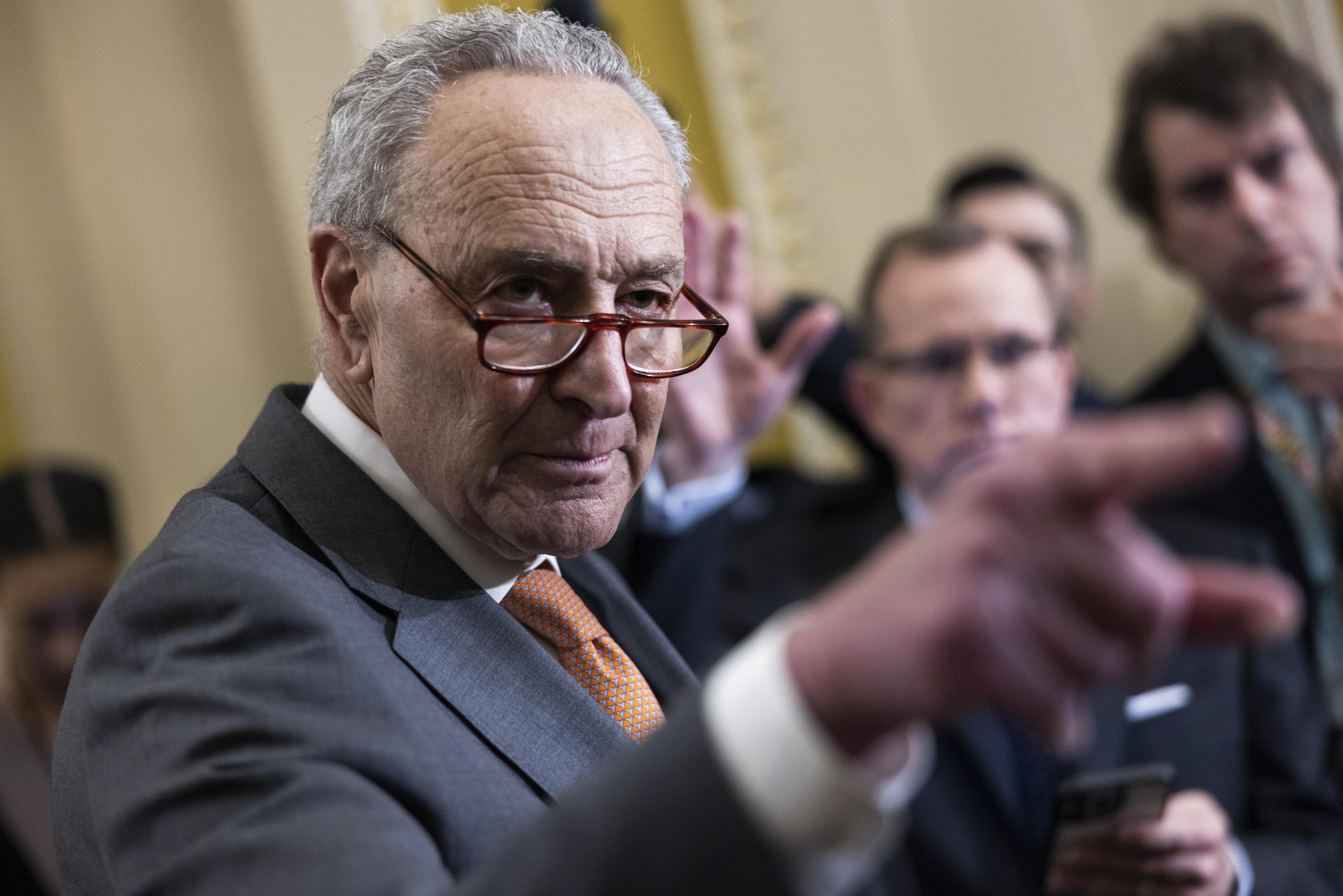 Washington (United States), 06/03/2024.- Democratic Senate Majority Leader Chuck Schumer takes questions about new conspiracy and obstruction charges levied against Democratic Senator from New Jersey Robert Menendez in the US Capitol in Washington, DC, USA, 06 March 2024. Menendez and his wife, Nadine Menendez, are facing new charges in an 18-count indictment, including allegations that they tried to cover up payments that they knew were bribes. EFE/EPA/JIM LO SCALZO