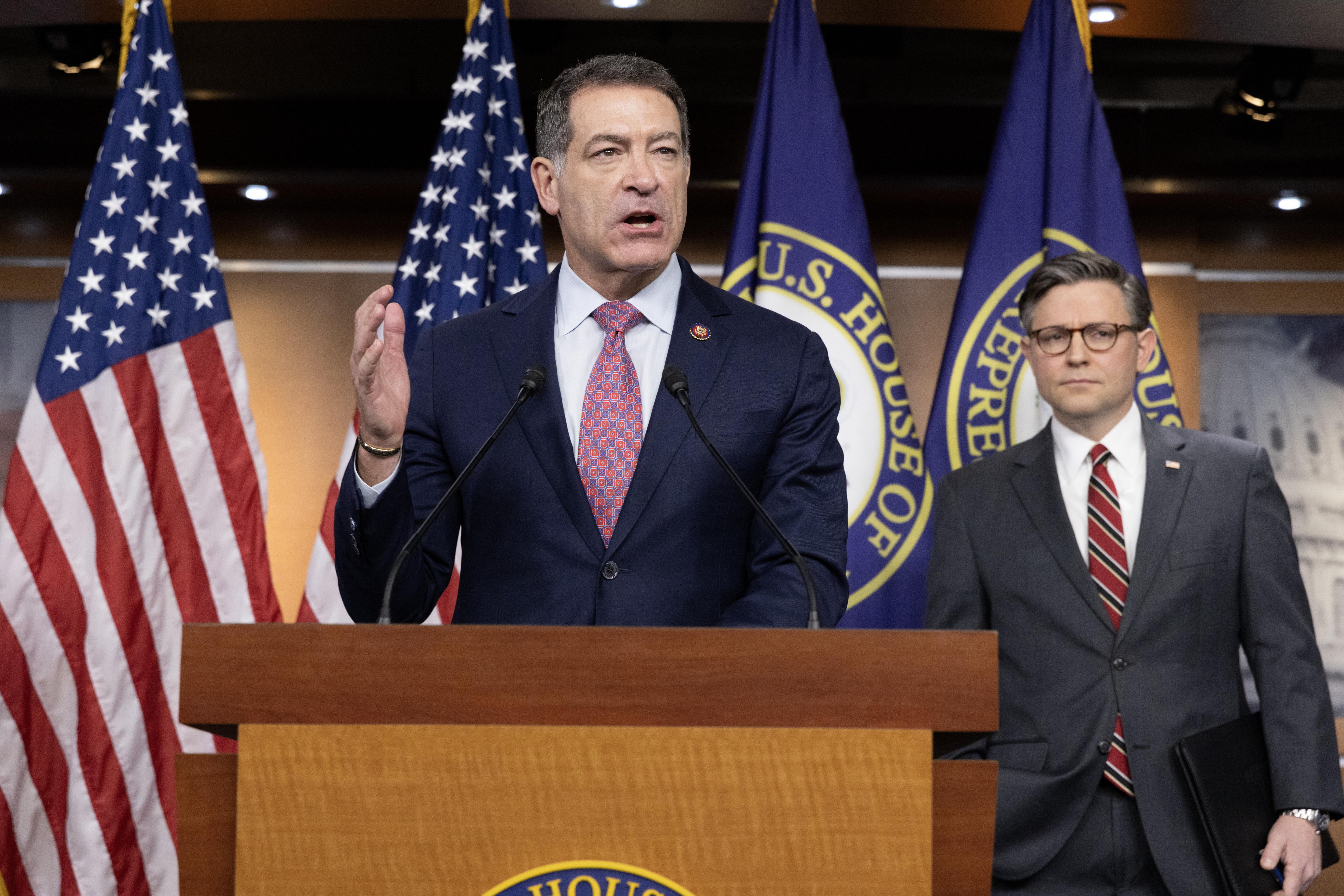 Washington (United States), 14/02/2024.- US House Homeland Security Committee Chairman Mark Green speaks on the impeachment of US Secretary of Homeland Security Alejandro Mayorkas (not pictured) beside US Speaker of the House Mike Johnson (R) during a news conference on Capitol Hill in Washington, DC, USA, 14 February 2024. Mayorkas is the first Cabinet member to be impeached since 1876. EFE/EPA/MICHAEL REYNOLDS