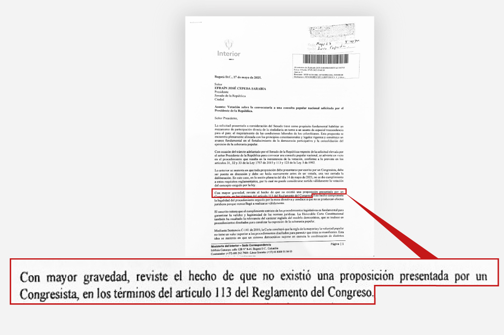 Esta carta la remitió el Ministerio del Interior al Congreso con los vicios de trámite que denunció sobre la votación de la consulta popular.