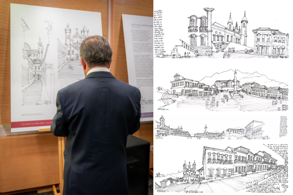 Dibujos de Germán Samper que muestran la arquitectura en Ouro Prieto, Brasil.