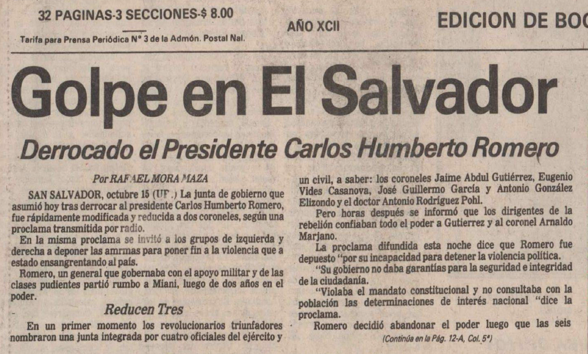 Noticia sobre la guerra en El Salvador. Edición de El Espectador, 1979.