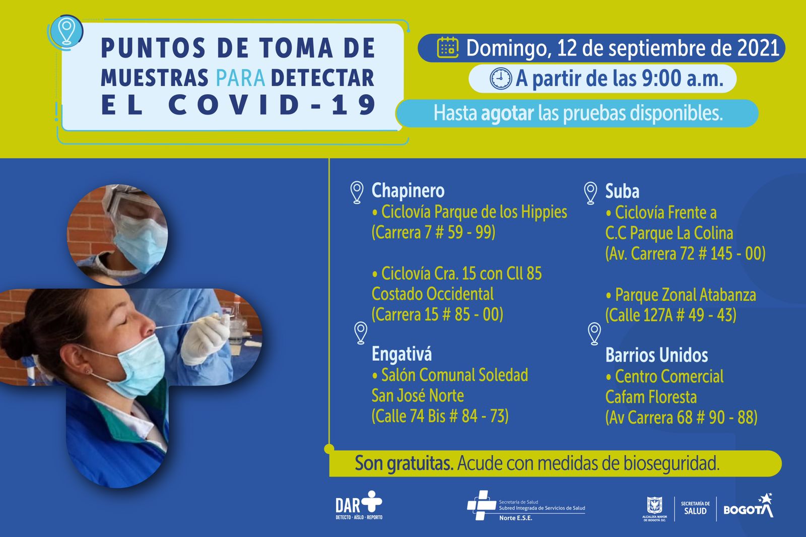 ¿Dónde hay pruebas gratuitas para COVID-19 este domingo en Bogotá?