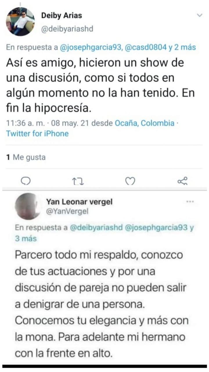 Deiby Arias twittea que la controversia solo es una discusión (Arriba). El también concejal Yan Leonar Vergel afirma que fue un problema de pareja (Abajo).