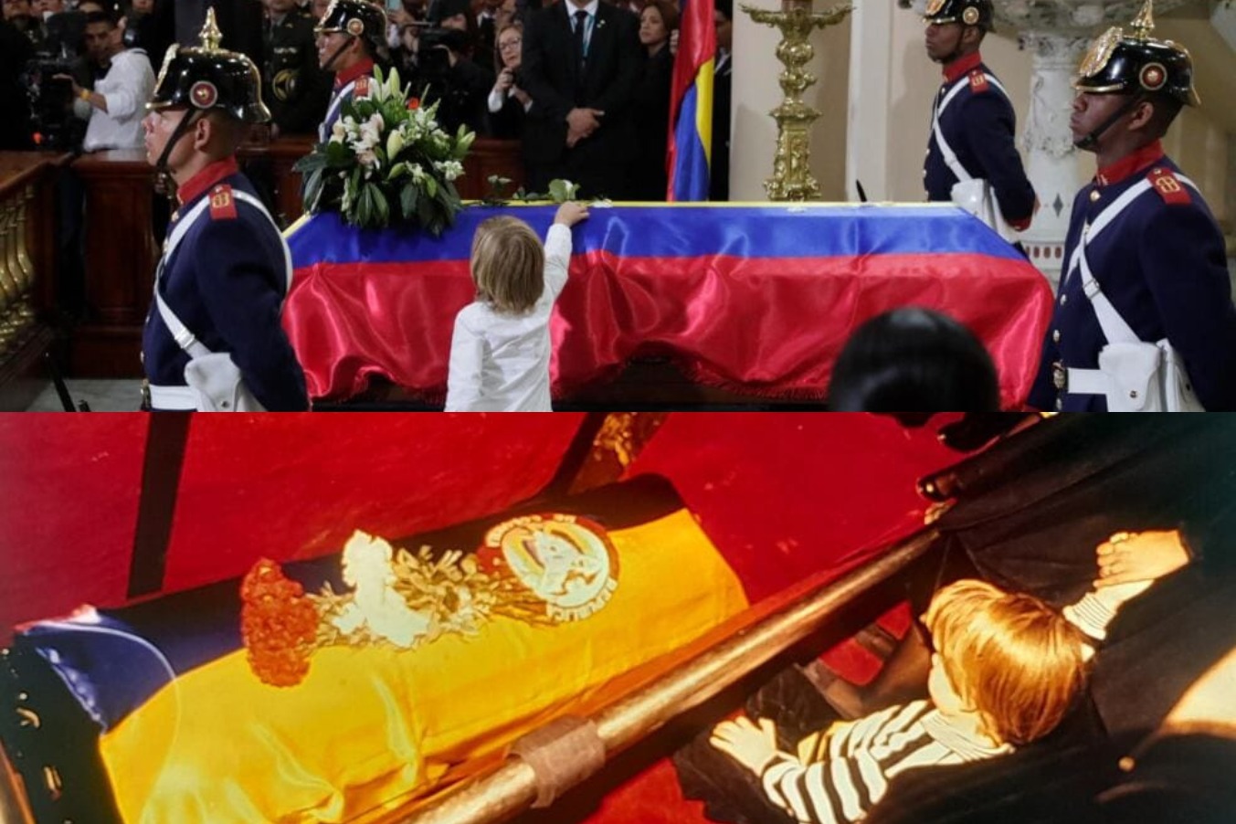 Arriba, Alejandro Uribe frente al féretro de su padre, Miguel Uribe. Abajo, el asesinado precandidato arrodillado al lado del ataúd de su madre, Diana Uribe, en 1991.