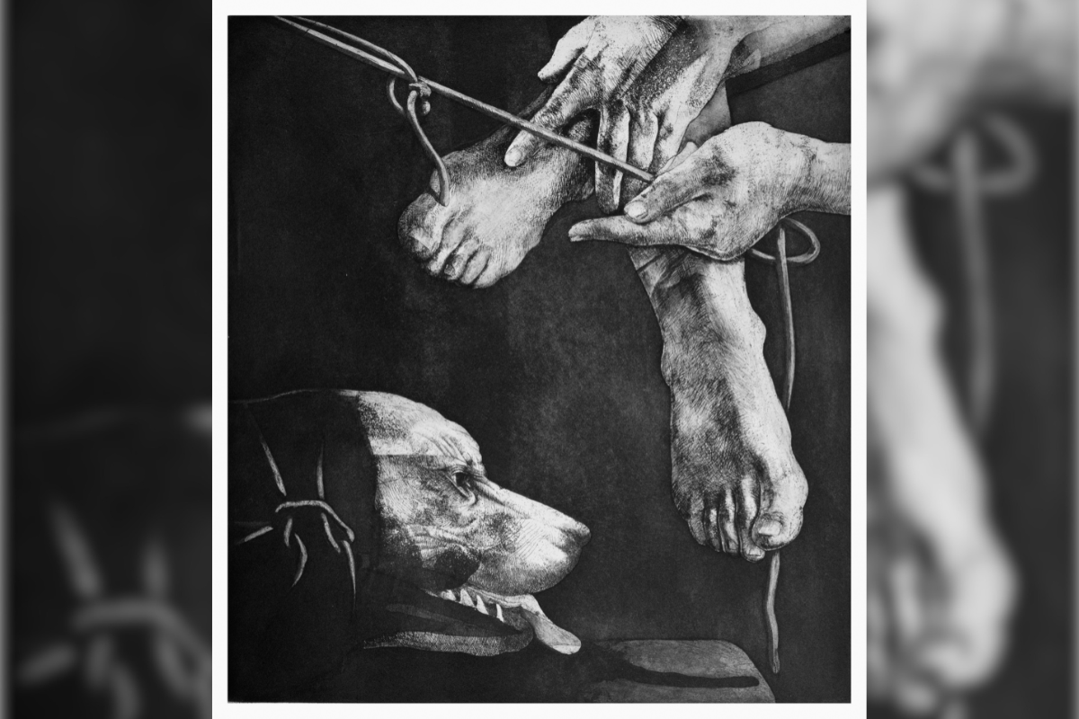 Este grabado pertenece a la serie “Amarraperros”, una de las siete que se pueden encontrar en esta exposición.
