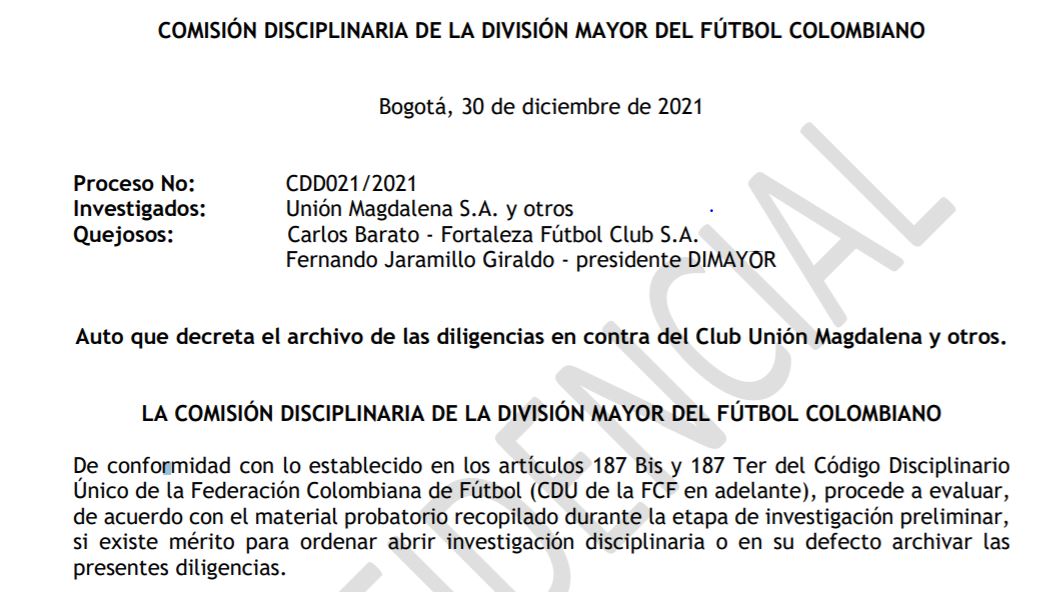 Documento en el que la Comisión de Disciplina de Dimayor ordena archivar la investigación contra el Unión Magdalena.
