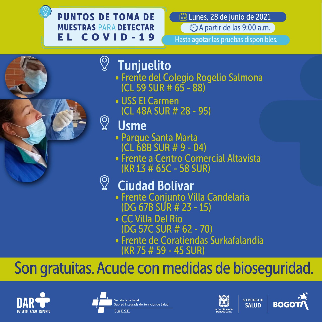 ¡Ojo! En estos puntos hay pruebas gratis de COVID-19 este lunes en Bogotá