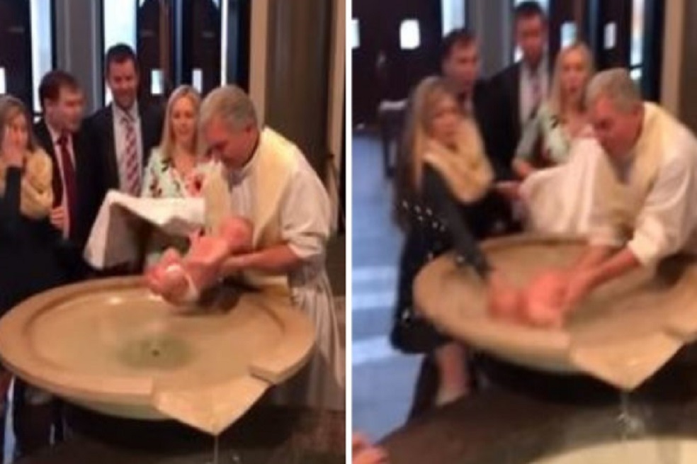 En video quedó grabado sacerdote a quien se le cae el bebé en pleno bautizo