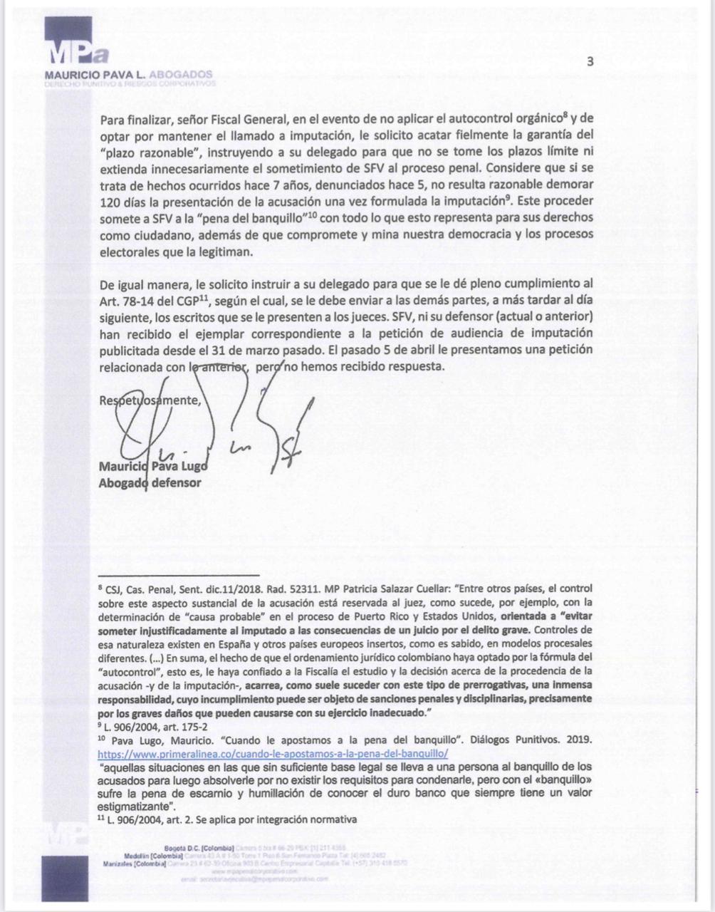 Carta enviada por el abogado de Sergio Fajardo a la Fiscalía General de la Nación.