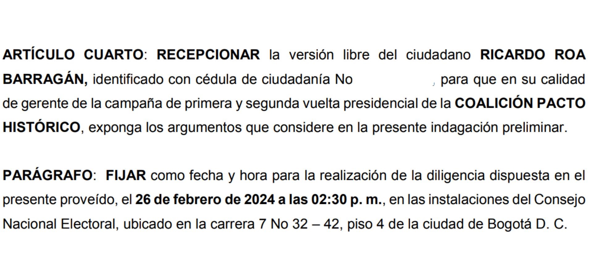 Citación a Ricardo a Roa de parte del Consejo Nacional Electoral.