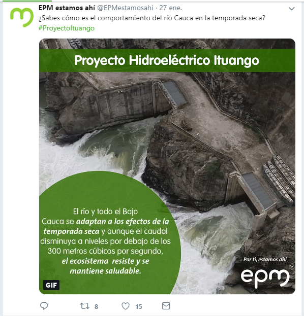 Captura del tuit hecho por Epm el 27 de enero de 2019, en el que aseguran que el caudal del Cauca puede mantenerse saludable aun por debajo de lo establecido en la licencia ambiental.TwitterNos respondieron que “los registros históricos de caudales del río Cauca en el sitio de la presa permiten evidenciar que de manera natural se han presentado valores de caudal por debajo de 300 m3/s en épocas de verano, específicamente en los meses de diciembre, enero, febrero y septiembre”.