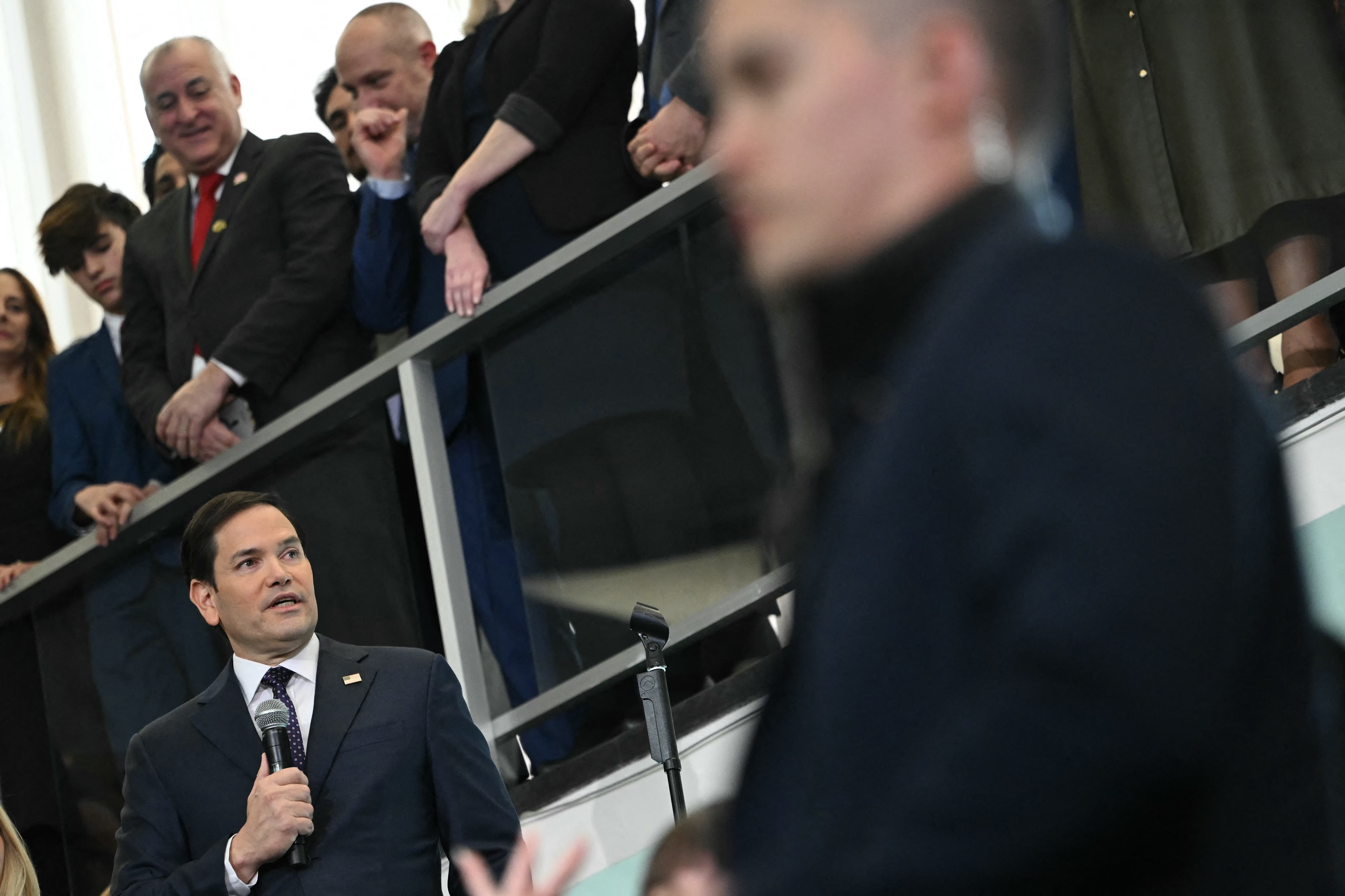 US Secretary of State Marco Rubio speaks to employees upon arrival at the State Department in Washington, DC, on January 21, 2025.