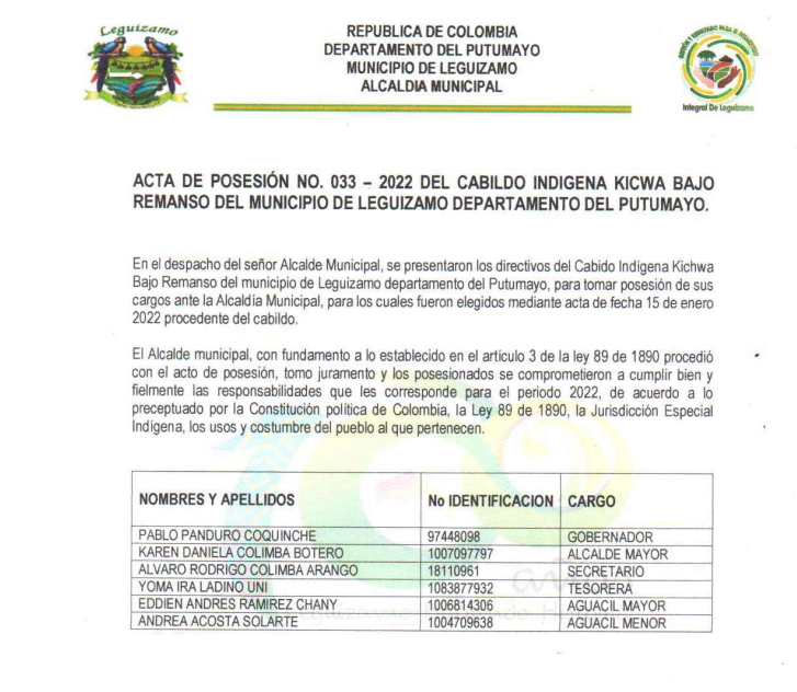 Acta de posesión como gobernador indígena el pasado 15 de enero de 2022.