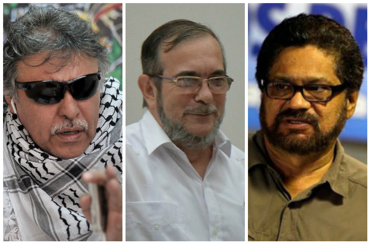 Jesús Santrich (izquierda) encabezará la lista a la Cámara por Atlántico. Rodrigo Londoño "Timochenko" (centro) será candidato presidencial e Iván Márquez (derecha) encabezará la lista al Senado. 