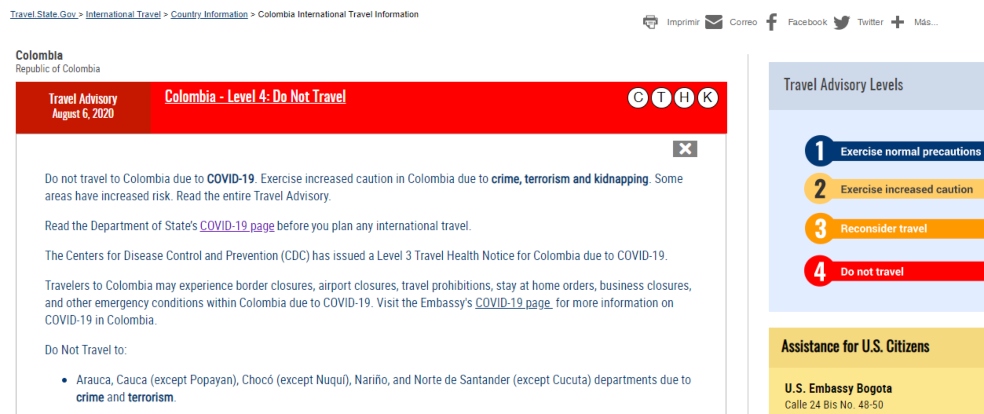 Departamento de Estado advierte sobre viajes a Colombia.
