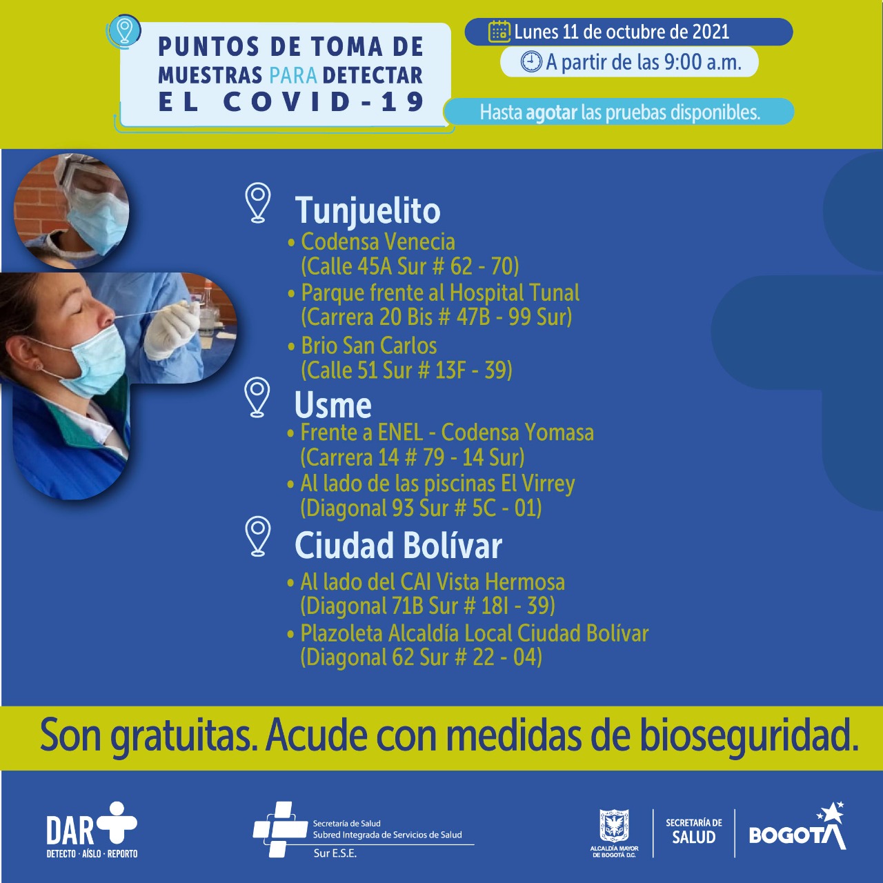 ¿Dónde hay pruebas gratuitas para Covid-19 este lunes en Bogotá?