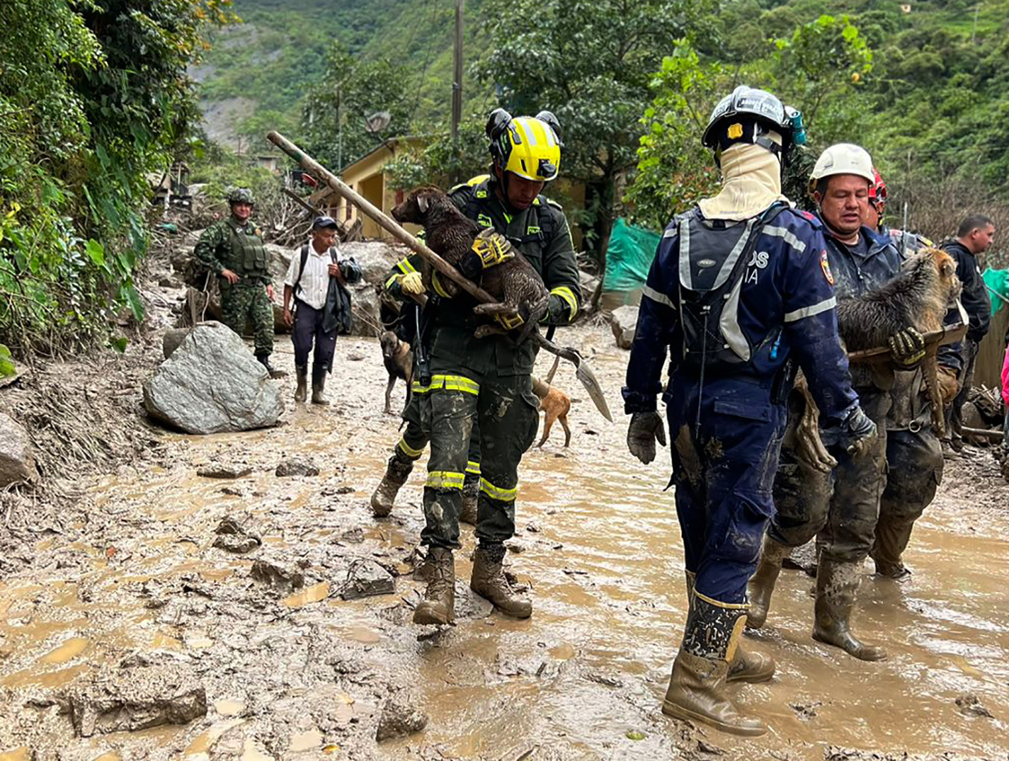 AME3917. QUETAME (COLOMBIA), 18/07/2023.- Fotografía cedida por la Policía Nacional de Colombia que muestra a miembros de organismos de rescate en la zona donde ocurrió una avalancha en Quetame, Cundinamarca (Colombia). Al menos seis personas muertas, seis heridos y varios desaparecidos dejó una avalancha de barro y agua ocurrida en la localidad de Quetame, en el departamento colombiano de Cundinamarca, situado en el centro del país, tras las fuertes lluvias del lunes, informaron este martes fuentes oficiales.EFE/ Policía De Colombia / SOLO USO EDITORIAL/ SOLO DISPONIBLE PARA ILUSTRAR LA NOTICIA QUE ACOMPAÑA (CRÉDITO OBLIGATORIO) MÁXIMA CALIDAD DISPONIBLE