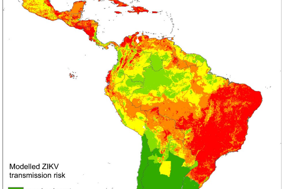 Mapa de transmisión del zika. El rojo representa un riesgo de transmisión muy alto. El amarillo equivale a intermedio y el verde a bajo o ausente.Tomado de Cunze et al.