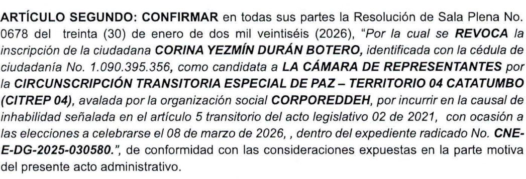 Parte de la resolución del CNE donde revocó la inscripción de la candidata a la curul de paz Corina Durán.