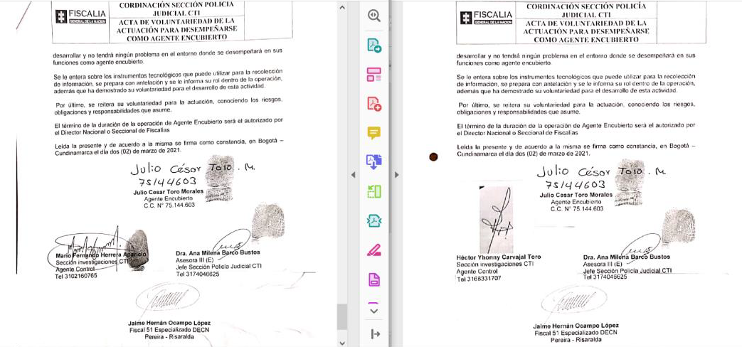Pantallazos de los documentos con las supuestas firmas falseadas.