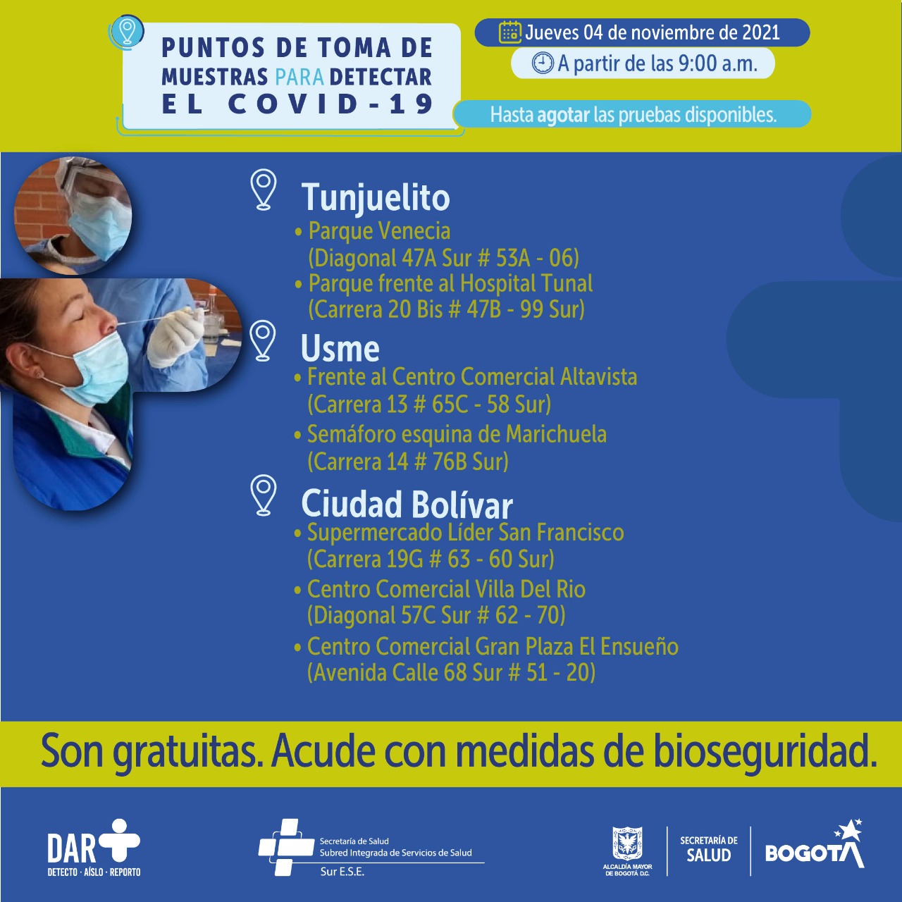 ¿Dónde hay pruebas gratuitas para Covid-19 este jueves en Bogotá?