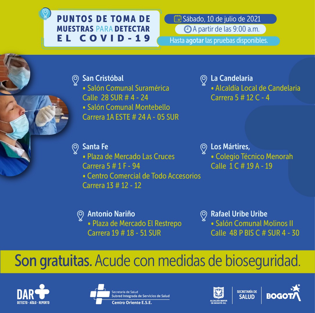Puntos habilitados para pruebas gratis de Covid-19 este sábado en Bogotá
