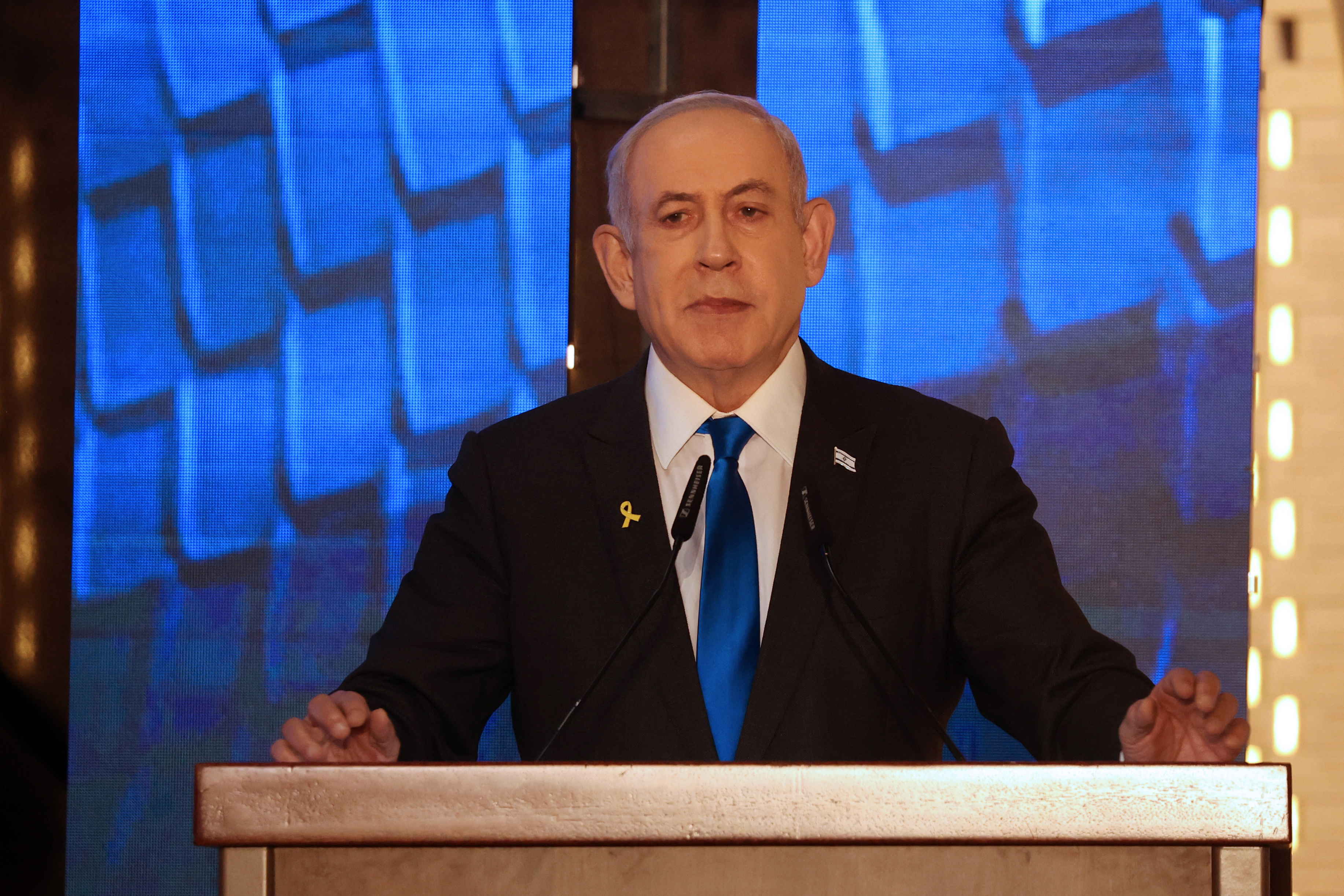 Jerusalem (-), 13/05/2024.- Israeli Prime Minister Benjamin Netanyahu addresses a ceremony marking Memorial Day for fallen soldiers of Israel'Äôs wars and victims of attacks at Israel's Mount Herzl national military cemetery in Jerusalem, 13 May 2024. Israel marks Memorial Day (Yom HaZikaron) to commemorate fallen soldiers and victims of attacks recorded since 1860 by the defence ministry. (Jerusalén) EFE/EPA/GIL COHEN-MAGEN / POOL
